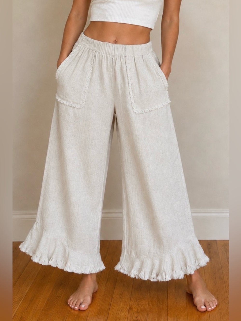 -Umgee USA Wide Leg Cropped Linen Blend Pants Cream Fringe Hem Boho Size Small
